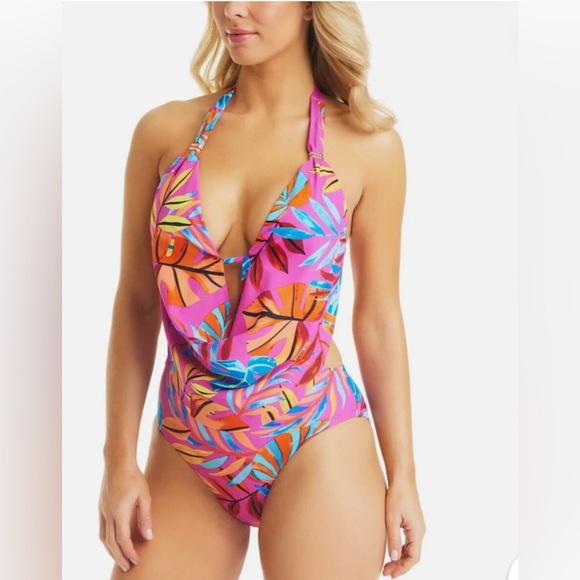 Bar III Macy’s One Piece Swimsuit Tropical Paradise Palms Pink Size Small - Picture 1 of 6